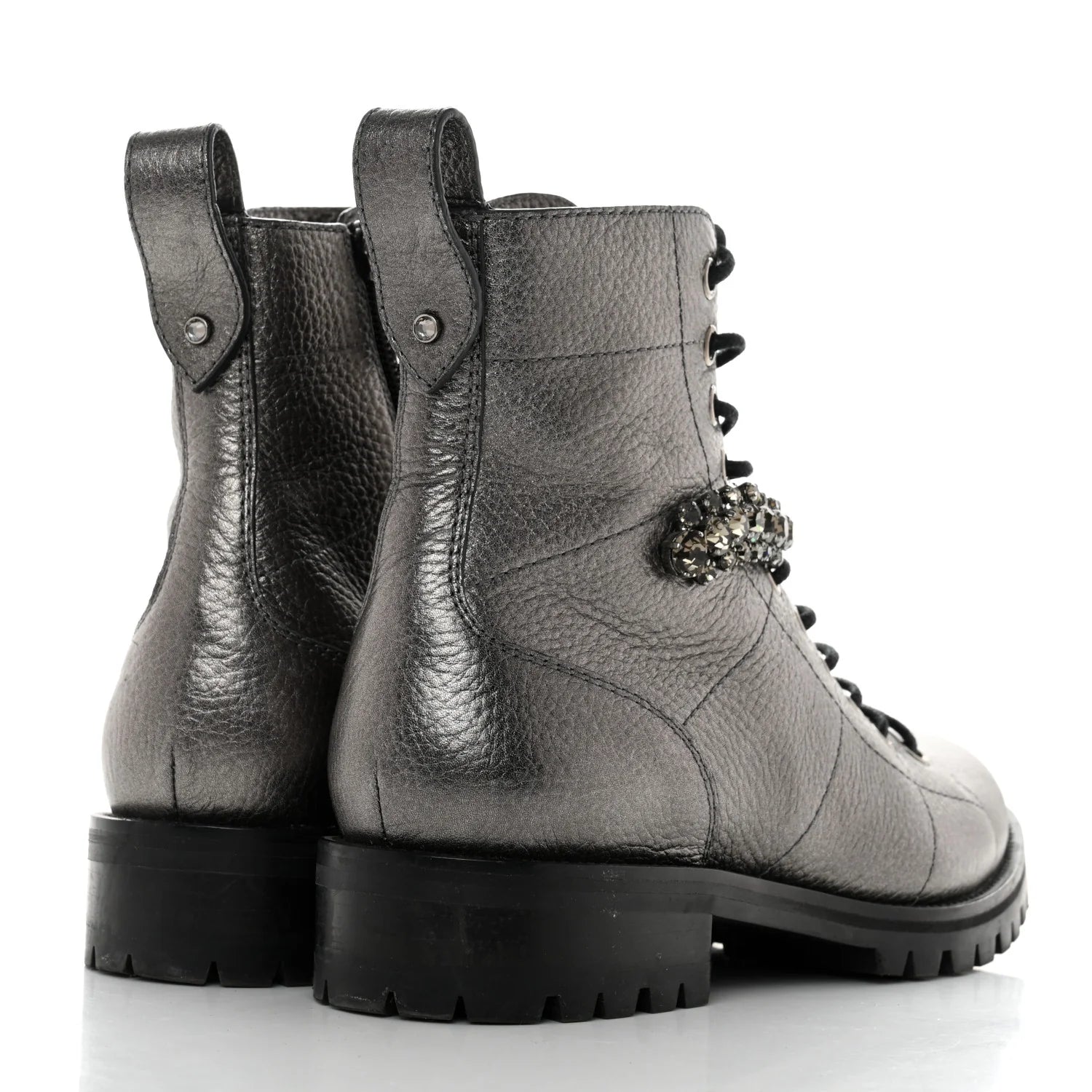 JIMMY CHOO Cruz flat anthracite metallic graint leather w crystal - silver combat boot w crystals, w box
