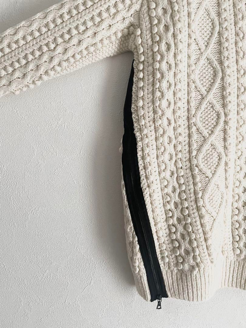 3:1 PHILLIP LIM cream long sleeve knit, little pom poms, black stripe with zipper on side