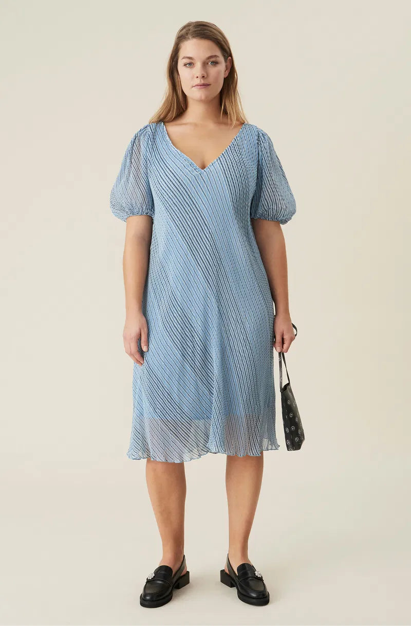 Ganni Light Blue Pleated Puff Sleeve Midi Dress