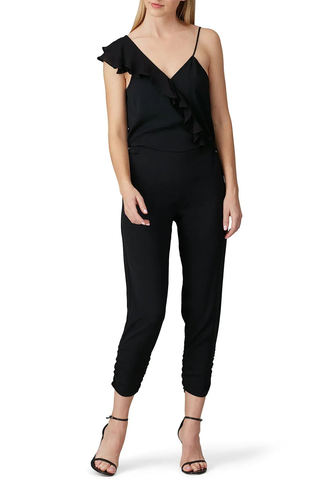 PARKER black jumpsuit NWT, one side spaghetti strep, one side ruffle tank top