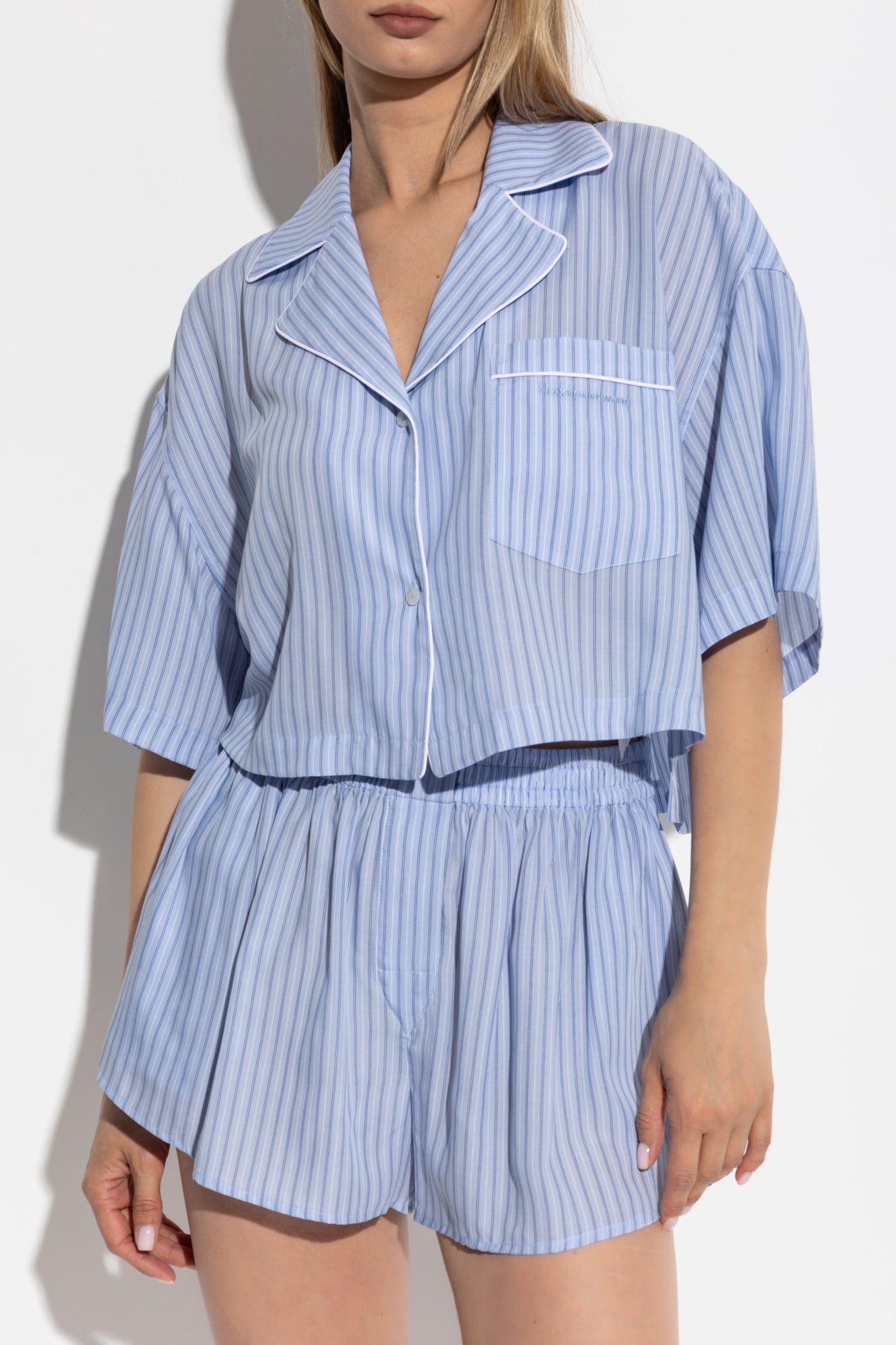 Alexander Wang T Blue & White Striped Cropped Short and Top Set