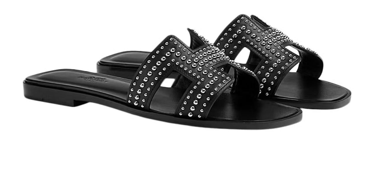 Hermes Studded Leather Oran Sandals in Black