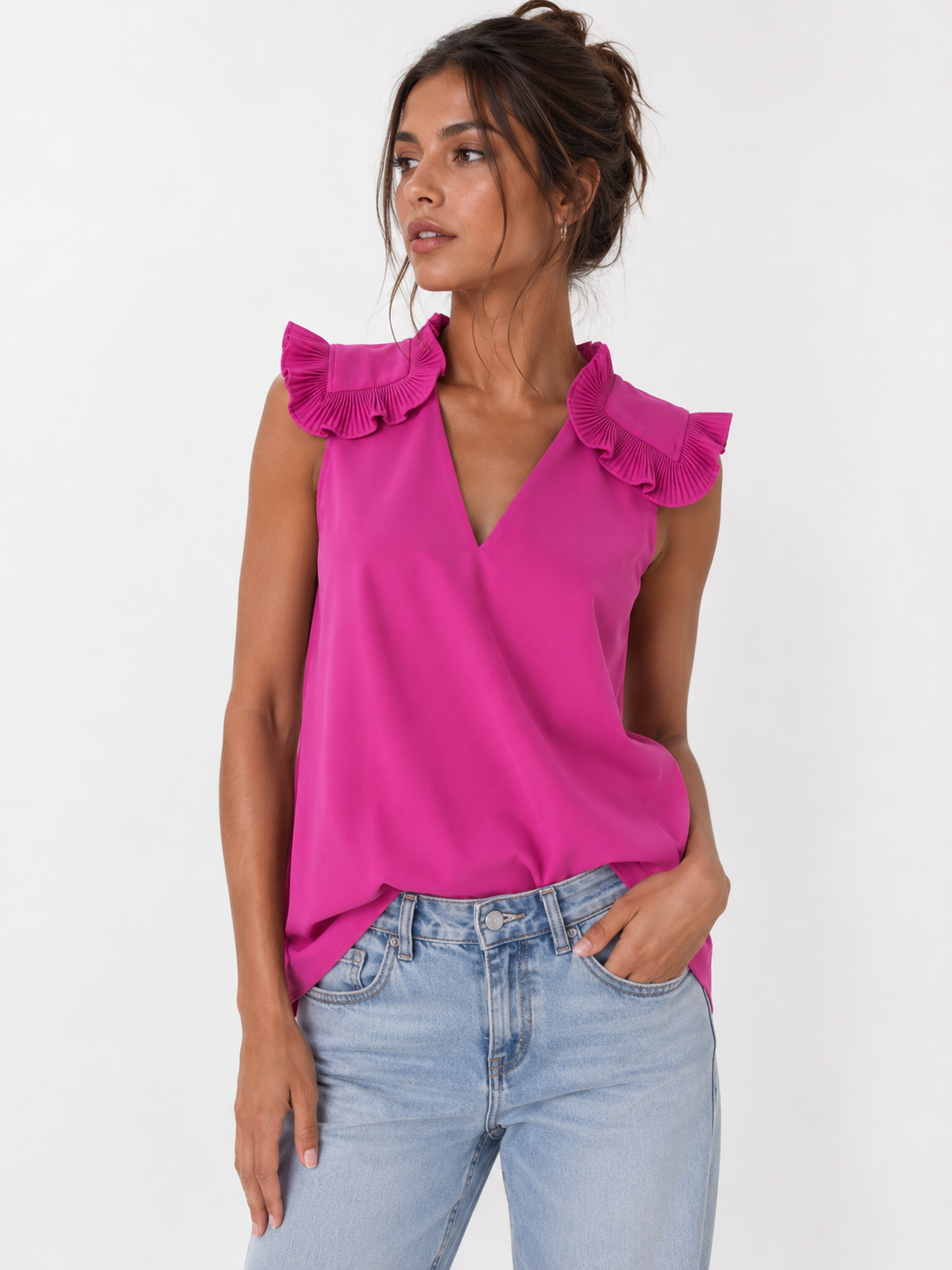 CO magenta tank top blouse with ruffle neck/shoulder detail