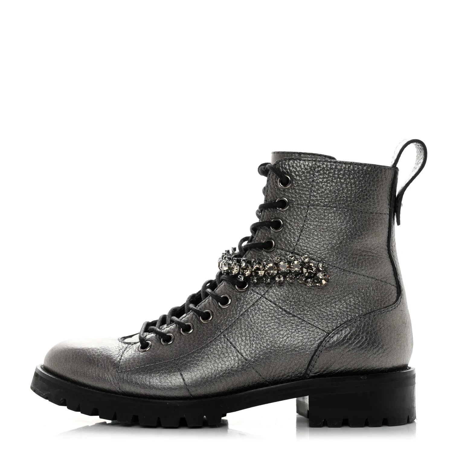 JIMMY CHOO Cruz flat anthracite metallic graint leather w crystal - silver combat boot w crystals, w box