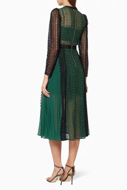 SELF PORTRAIT green/black lace long dress with pleats