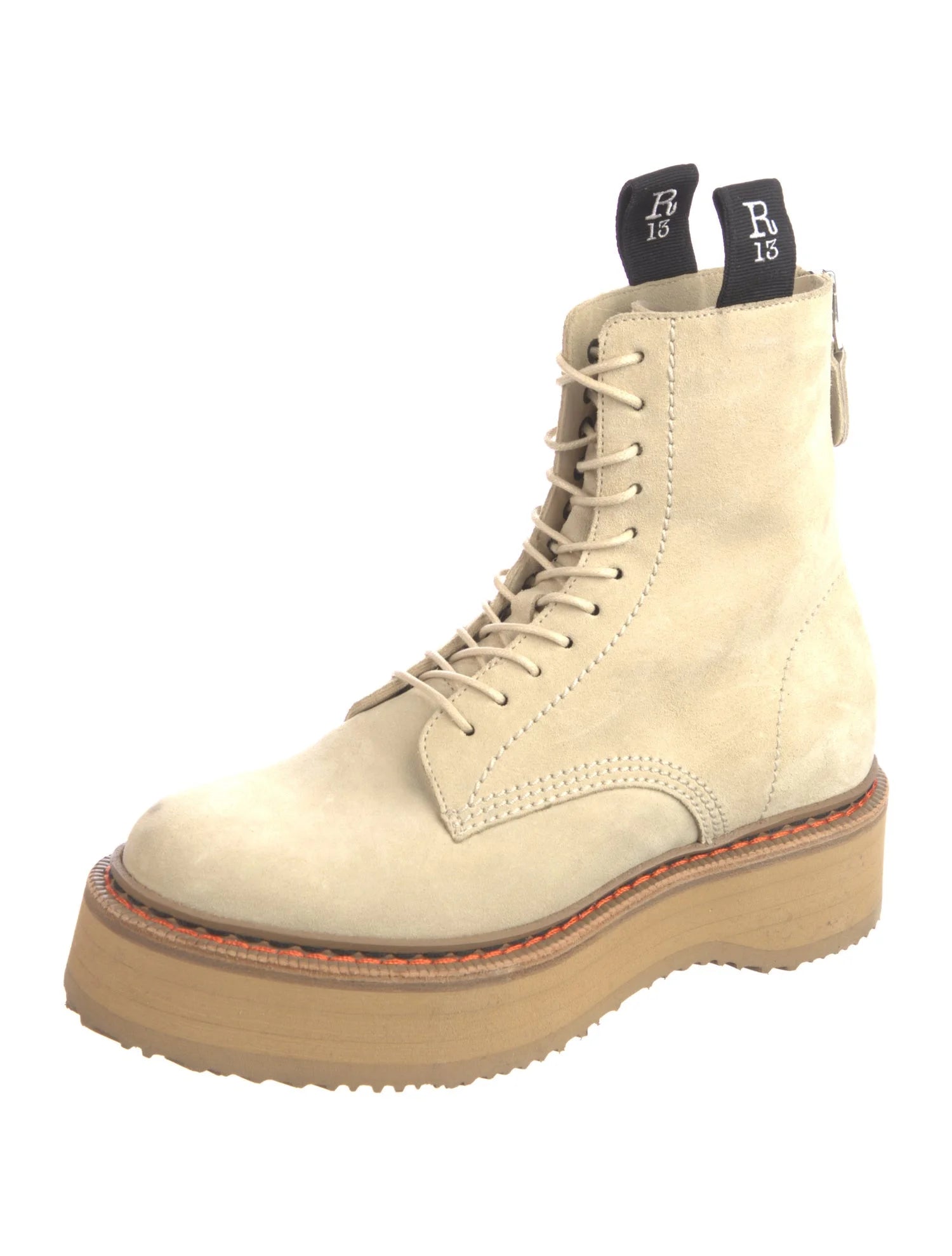 R13 beige suede "single stack" lace up combat boots