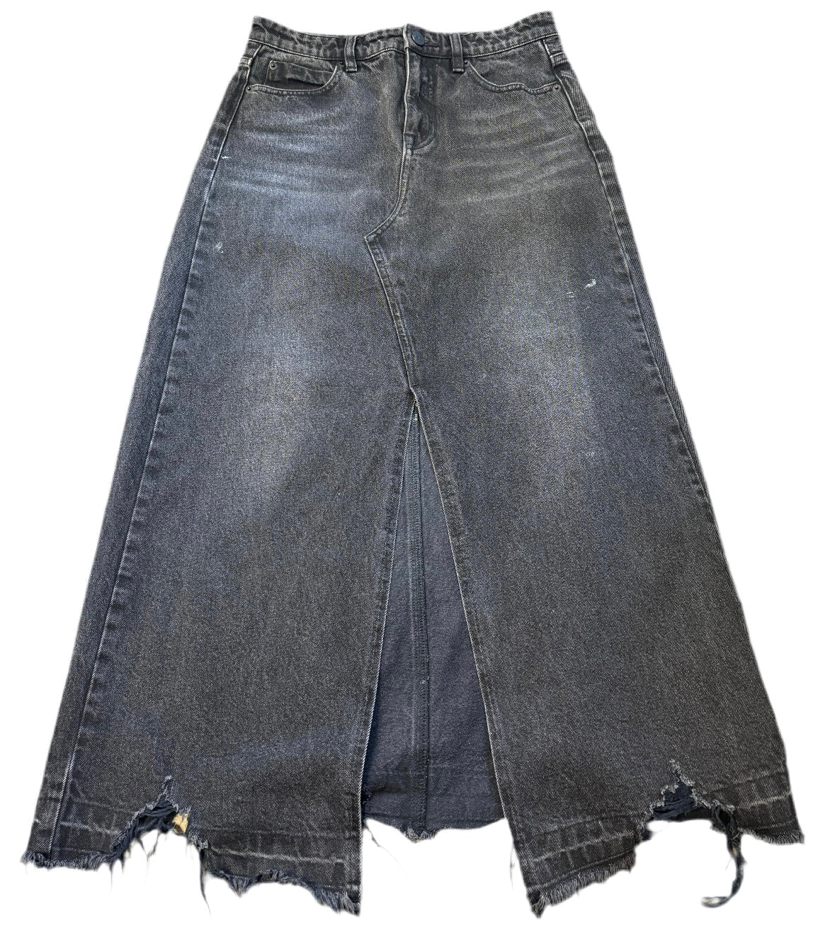 Black MO & CO black denim midi skirt with frayed edges, Medium