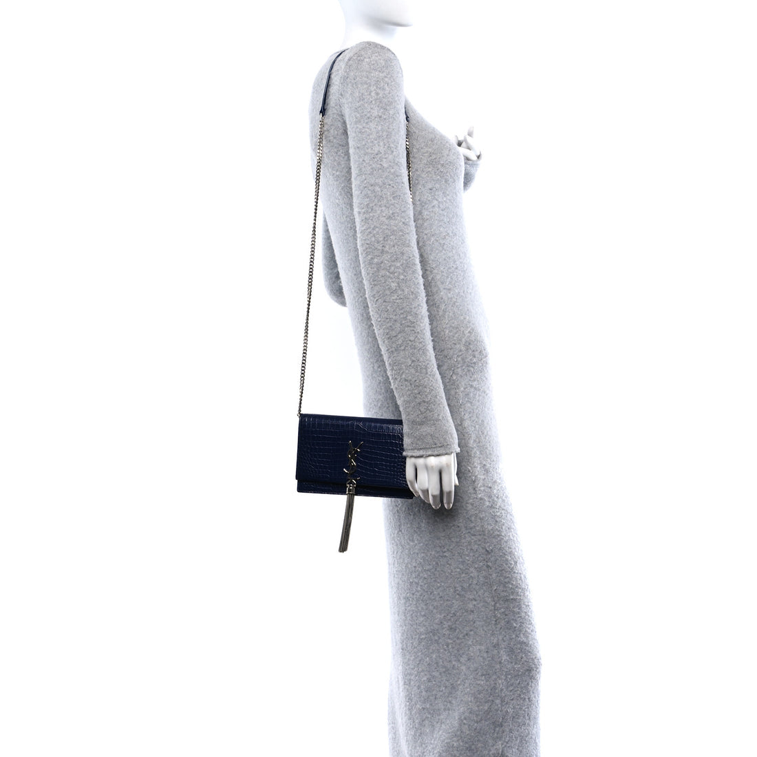 YSL blue crocodile embossed Kate Monogram Tassel Chain bag, w dust bag