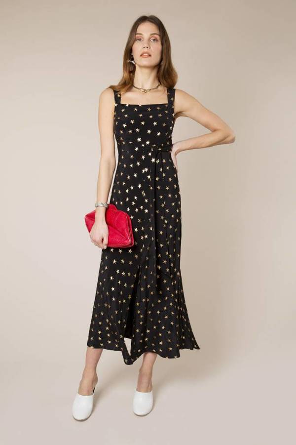 RIXO black maxi dress with gold stars