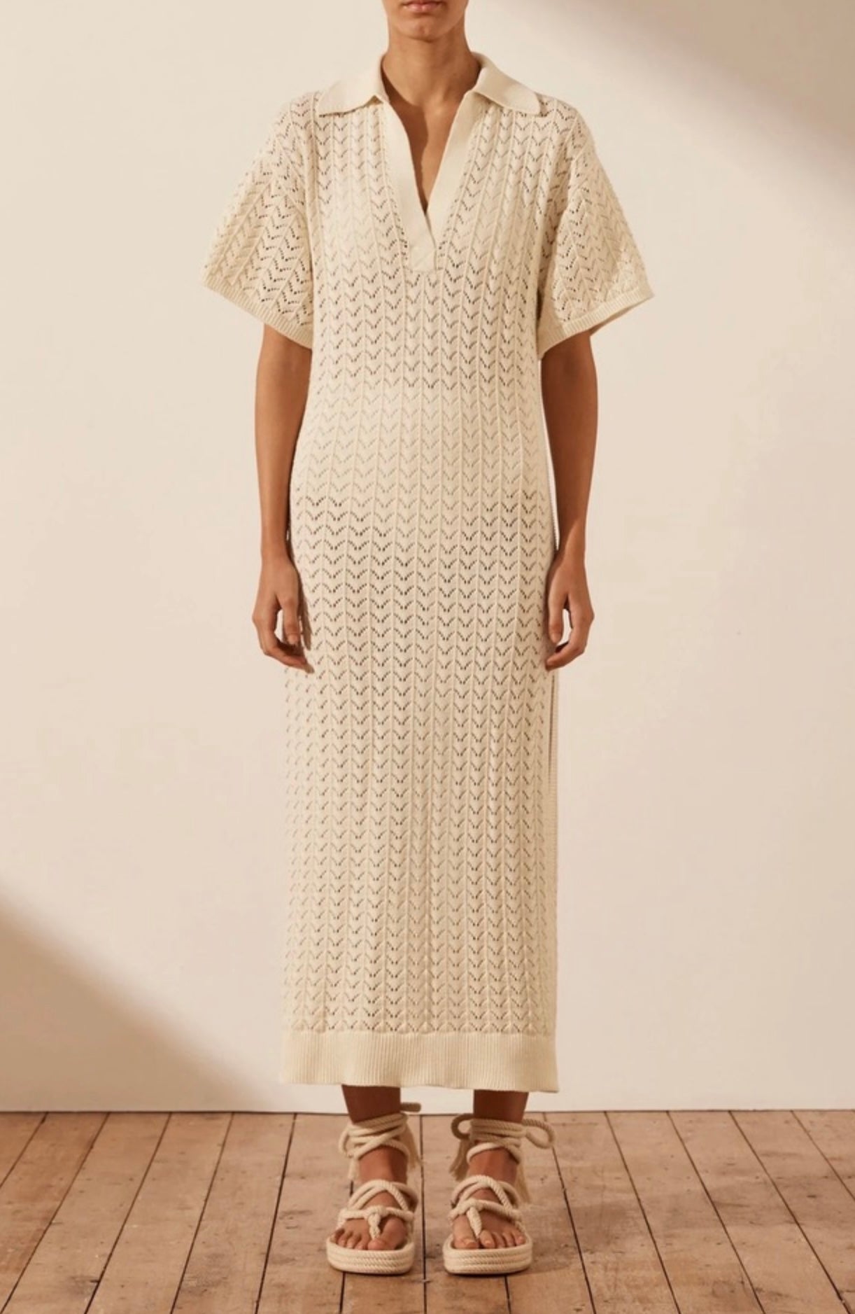 SHONA JOY - Mikala Crochet Polo Midi Dress - Coconut
