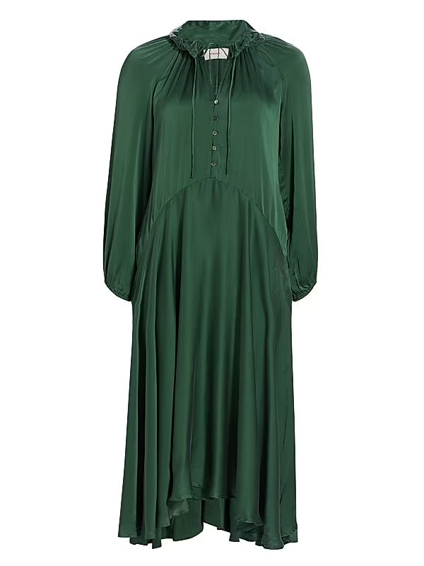XIRENA Eva dress in mint garnet. long sleeve silk maxi dress in dark green