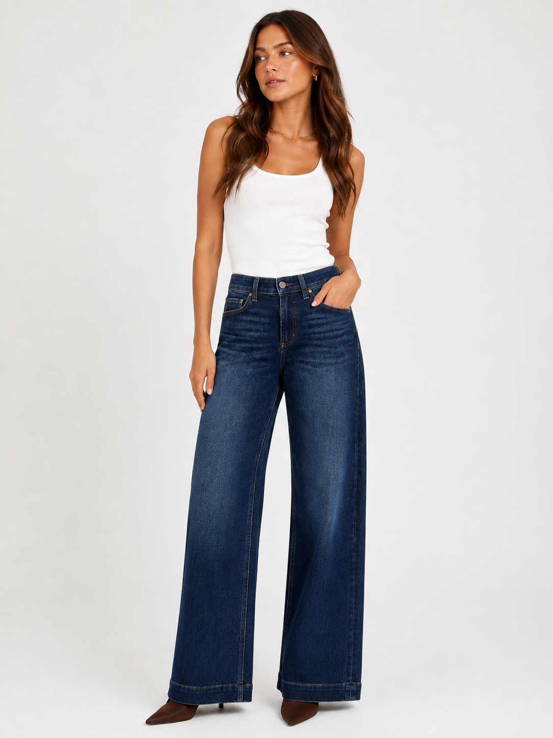 Paige Anessa in Dark Blue Wash Wide Leg Jeans