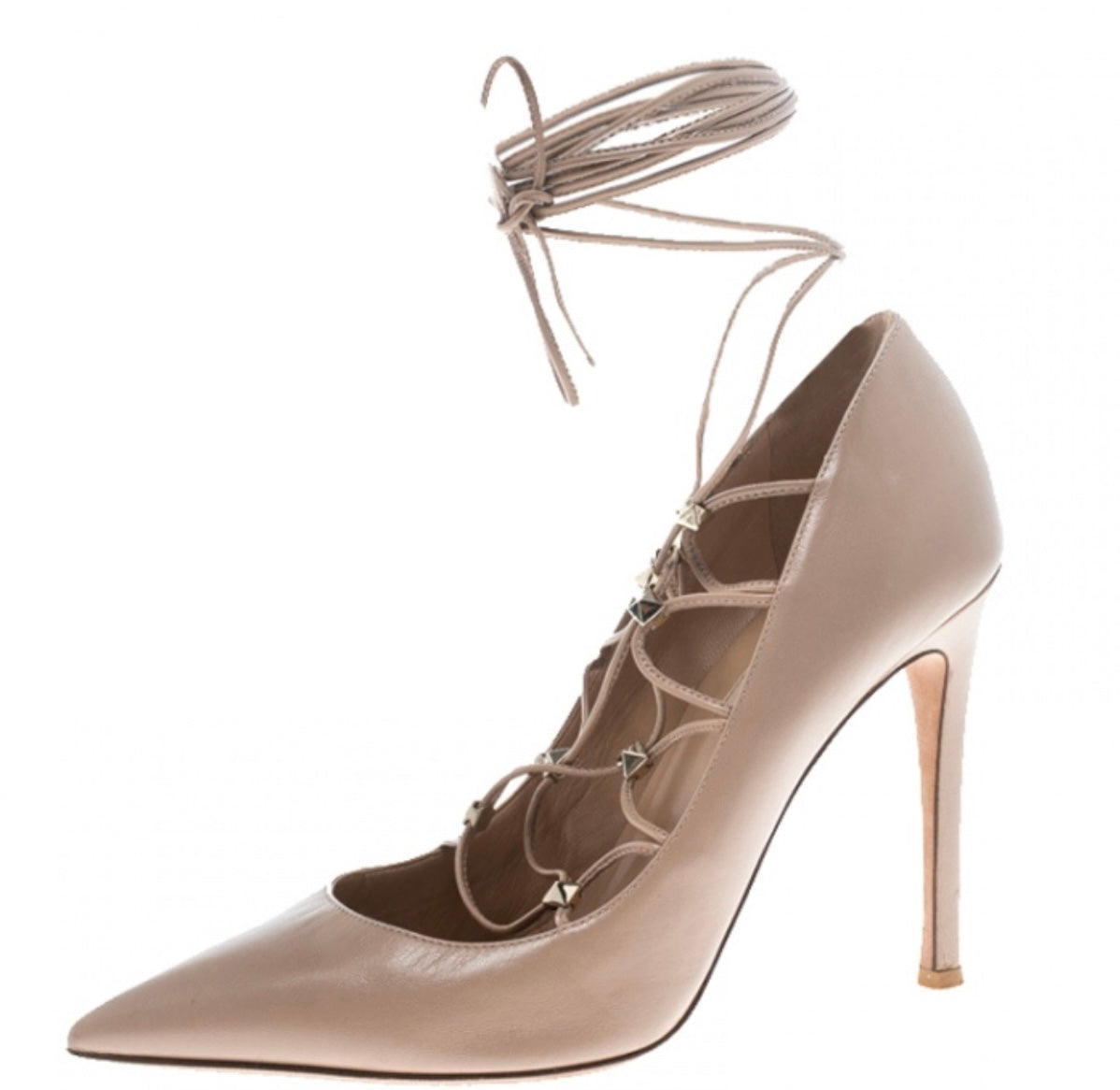 Valentino - 
Valentino Beige Leather Rockstud Lace Up Heels