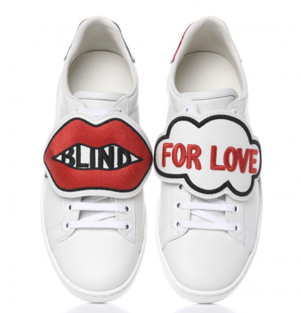 GUCCI white sneaker with BLIND FOR LOVE in red writing on top, w dust bags and box