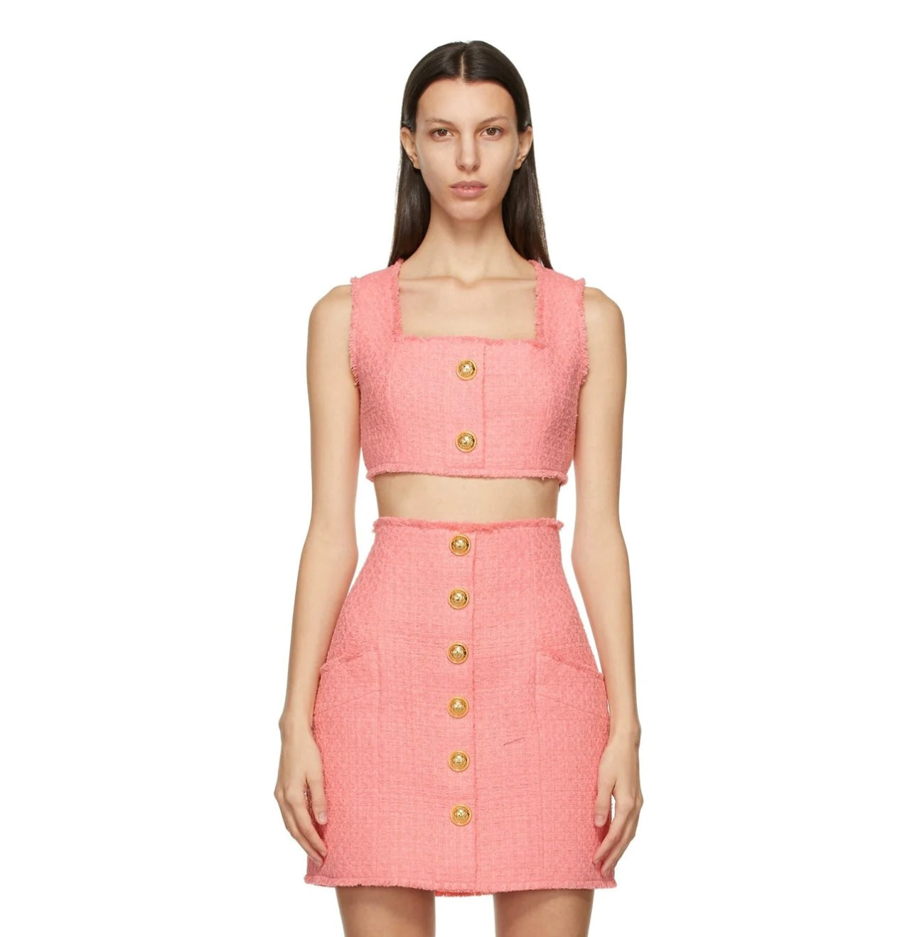 BALMAIN - PINK TWEED CROPPED TANK TOP