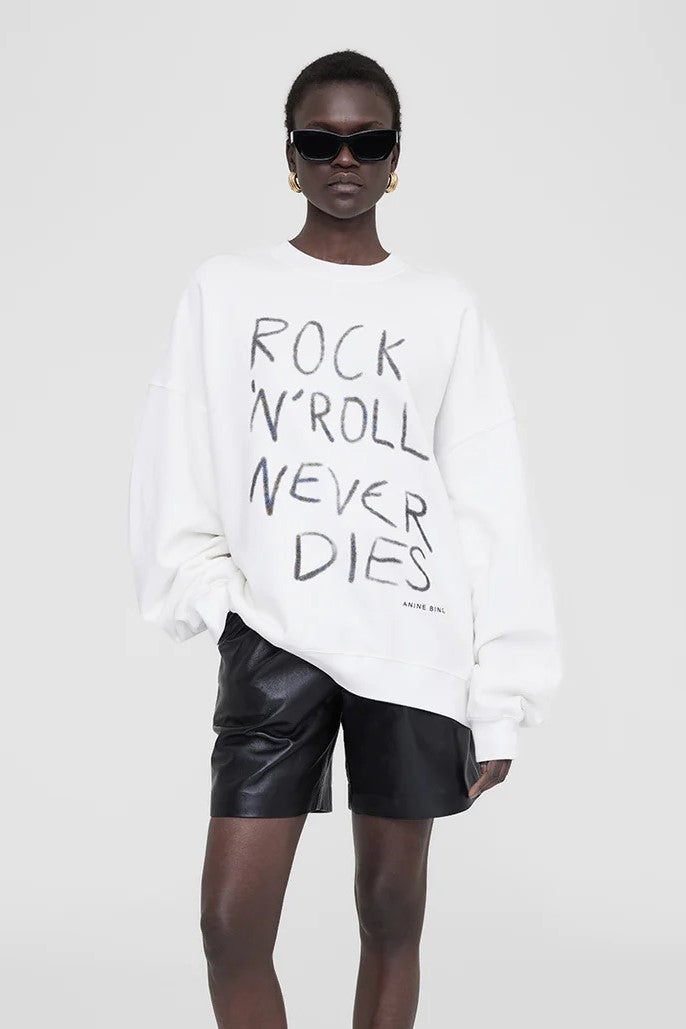 ANINE BING white 'rock n roll never dies' crewneck