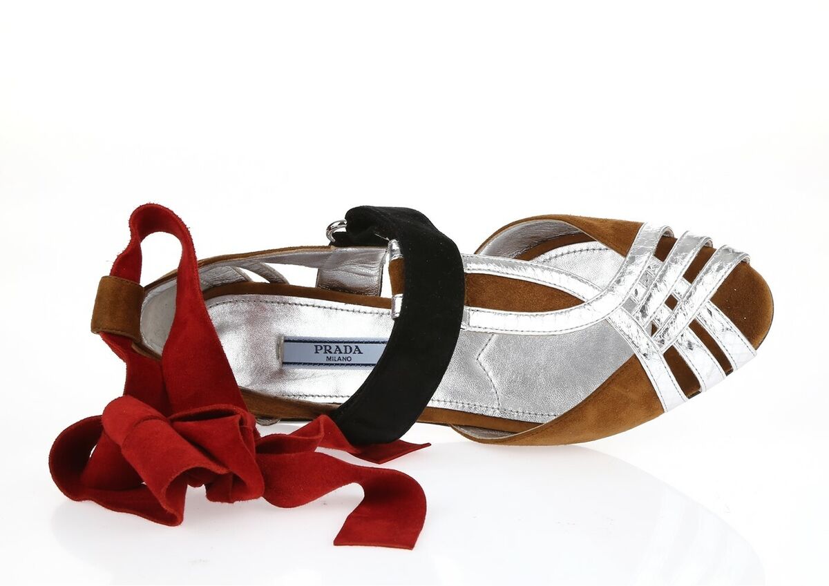 PRADA brown, red, silver ankle wrap peep toe flats