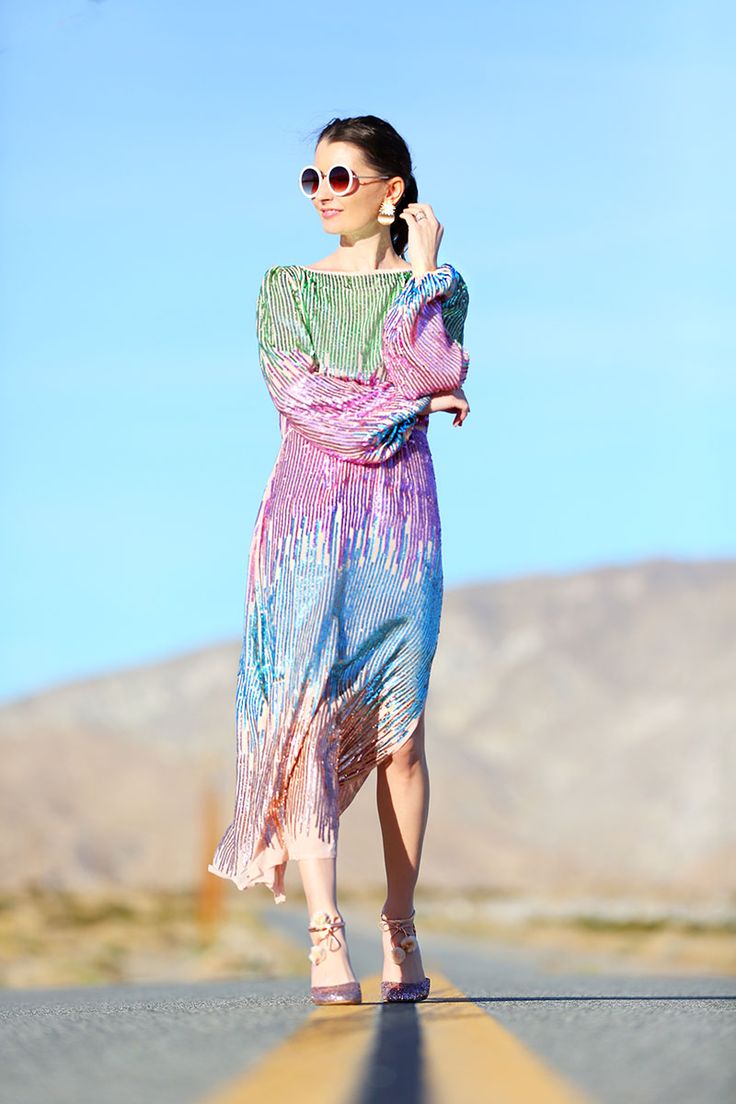 RIXO long sleeve maxi dress, rainbow sequins