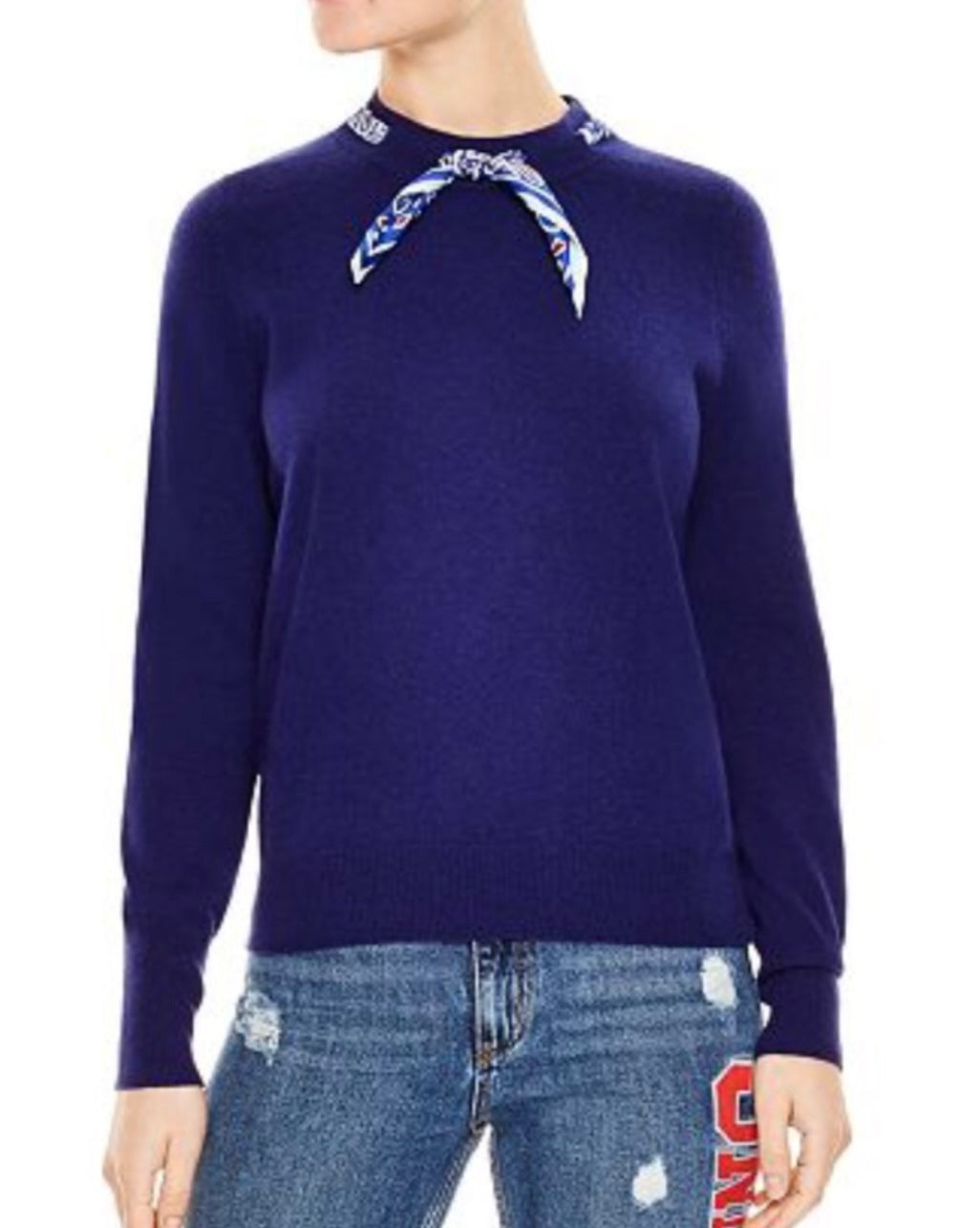 SANDRO - Royal Blue Lucky Wool & Cashmere Scarf-Collar Sweater