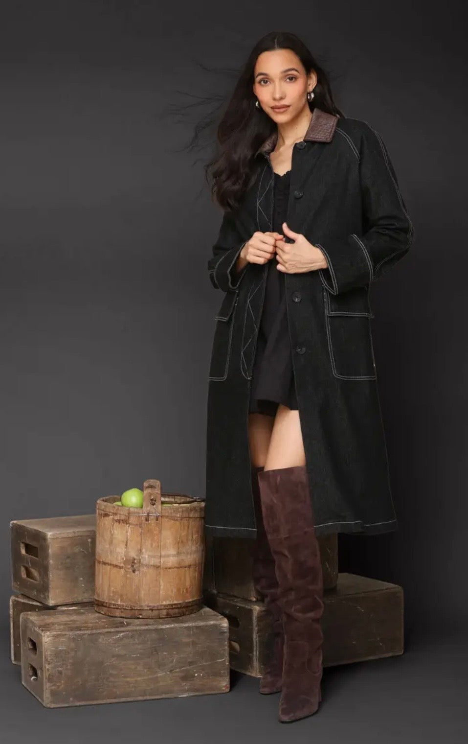 Avec Les Filles - Dark Denim Coat with Barn Collar