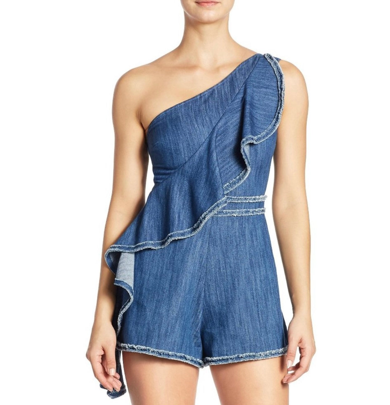 Alexis- Blakey One-Shoulder Cotton Denim Romper