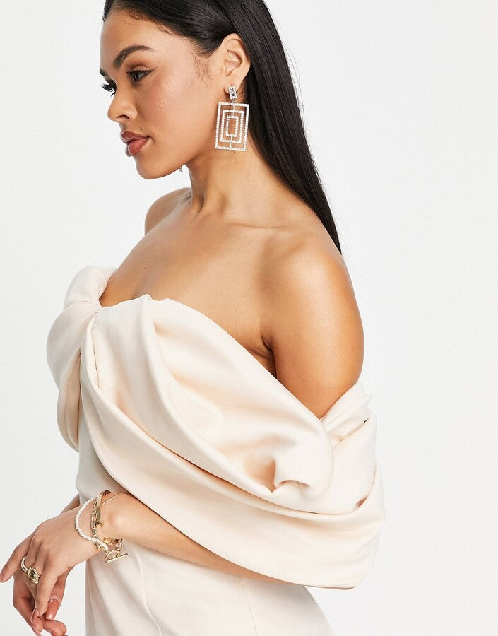 ASOS Design nude/light pink long gown with large bow design on chest