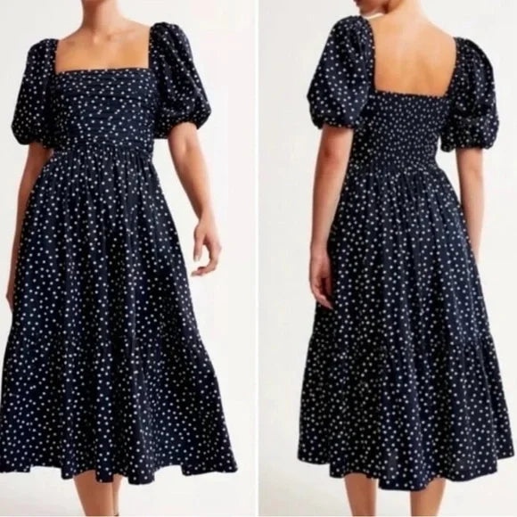 ABERCROMBIE & FITCH Emerson poplin puff sleeve dres in navy with polka dots