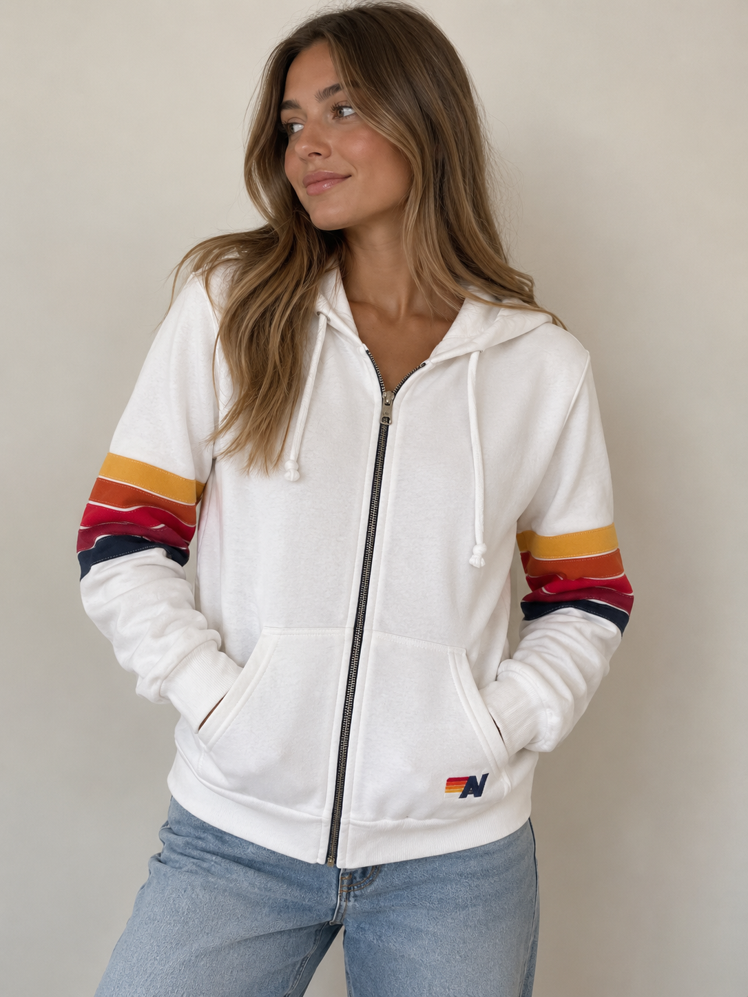 AVIATOR NATION white zip up hoodie with chevron detail on sleeves and MALIBU on back