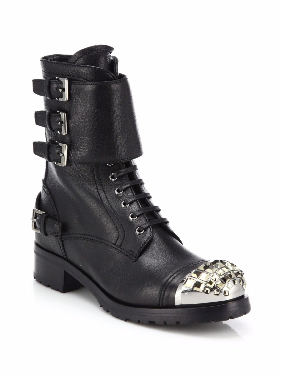 MIU MIU leather boot with crystal cap toe