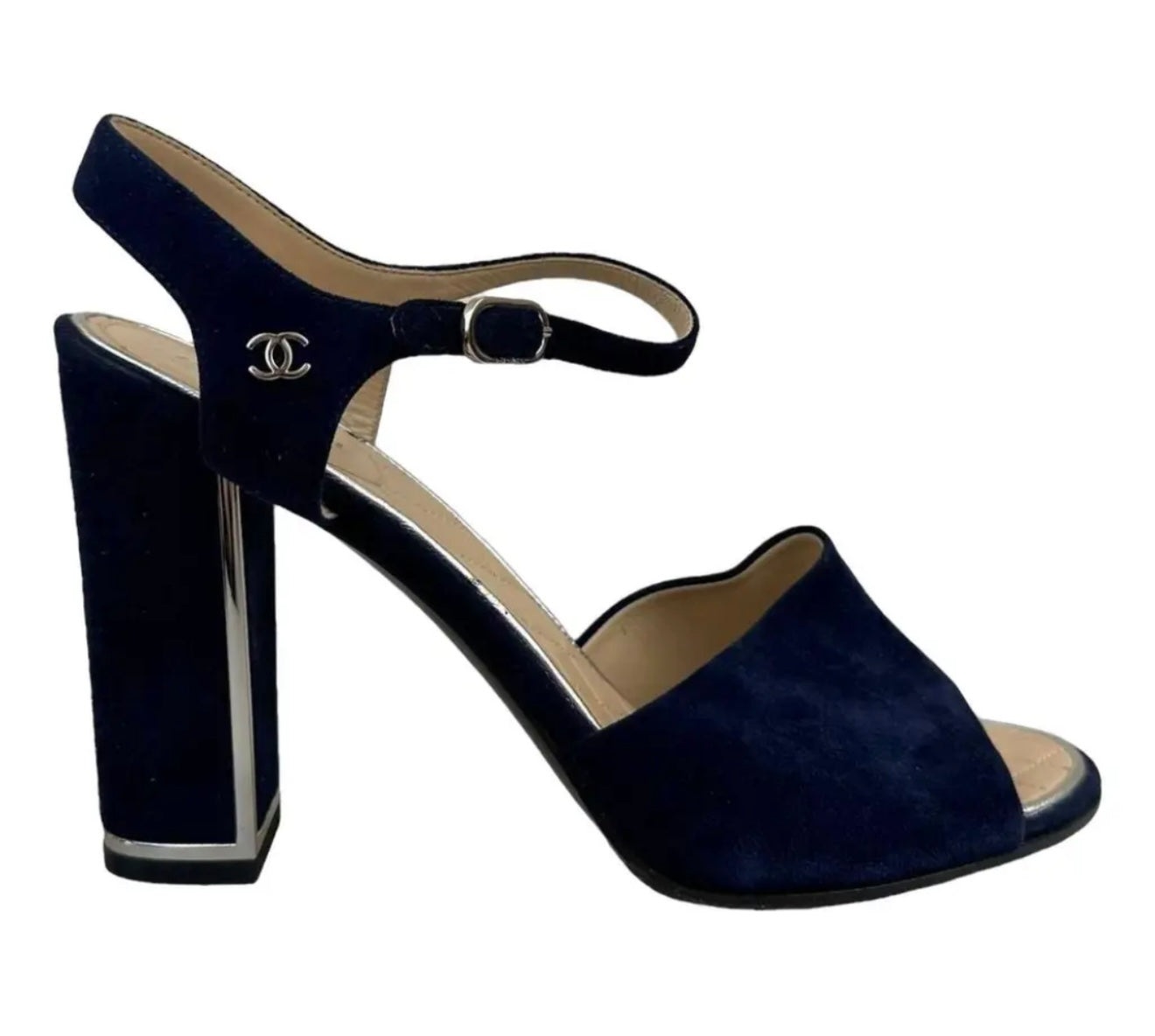 Preloved Chanel - Navy Suede Block Heel CC logo Sandals