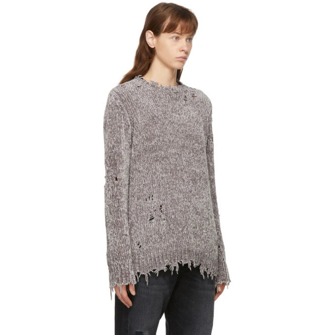 R13 distressed chenille crewneck