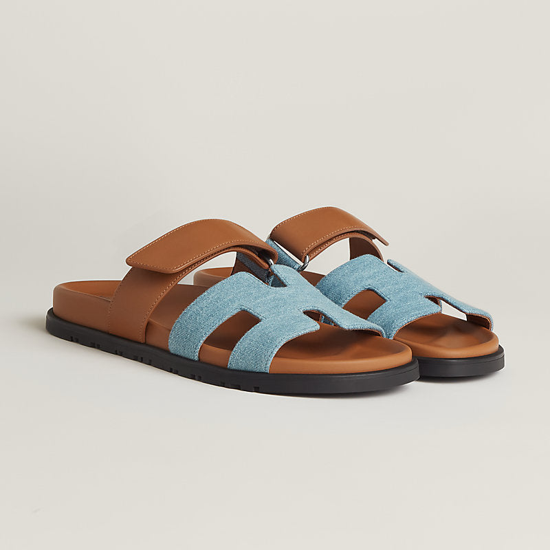 HERMES chypre denim and brown sandal, w dust bags and box