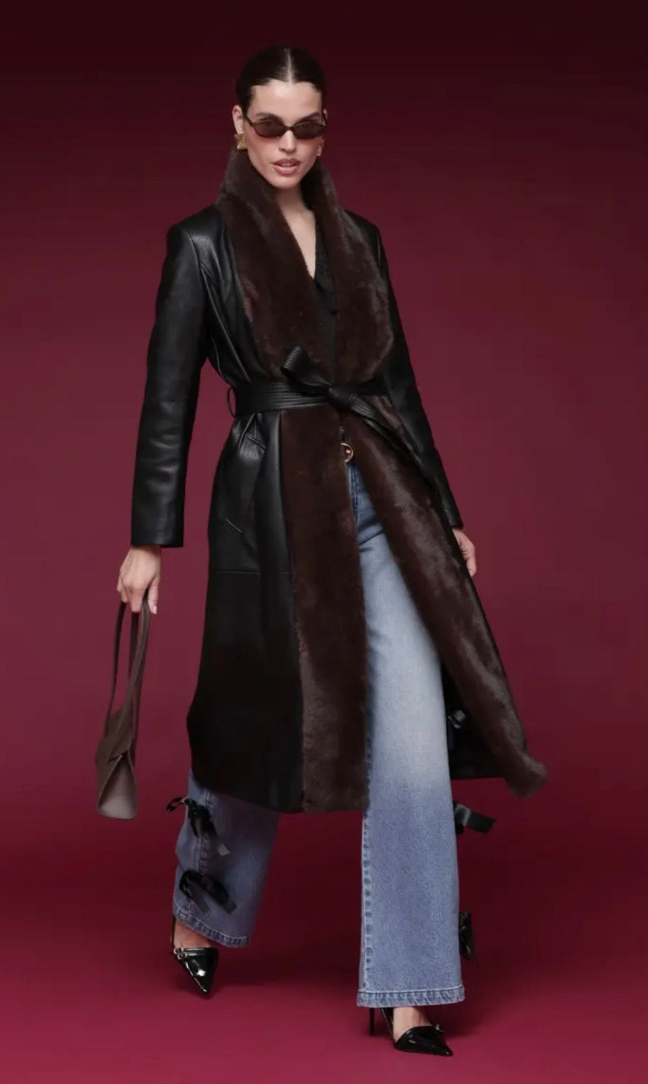 Avec Les Filles Faux Fur Trimmed Faux Leather Wrap Coat