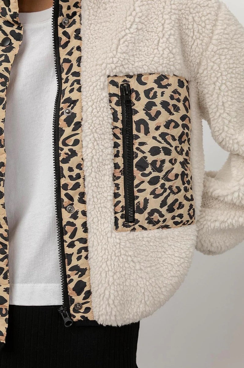 RAILS "DEAN" cream sherpa/teddy zip sweater with cheetah fabric details over zipper and chest pocket