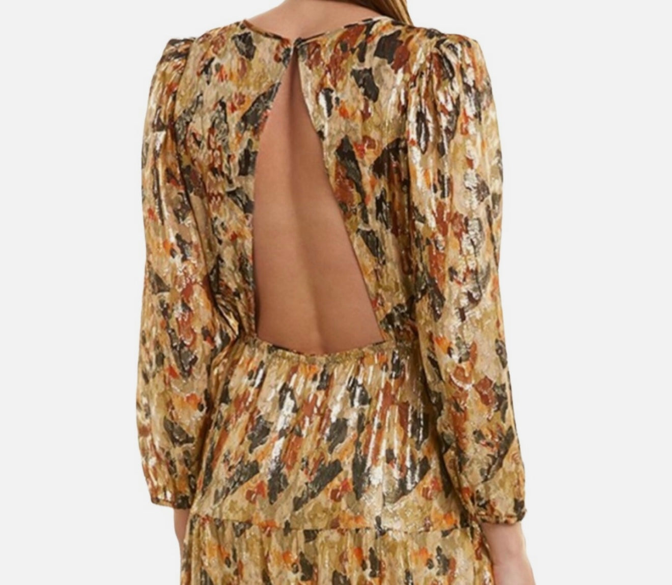 BA&SH Gullian Robe Maxi Dress Long Sleeve Gold Metallic Print