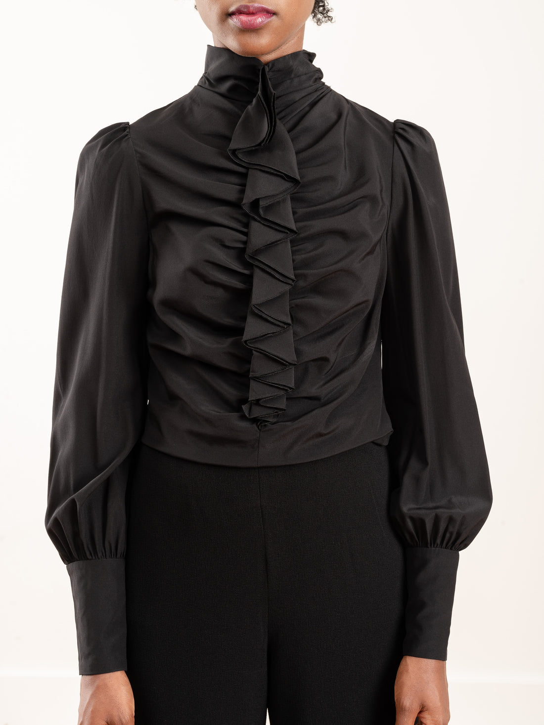 ZIMMERMANN black long sleeve turtleneck blouse, ruffle neck