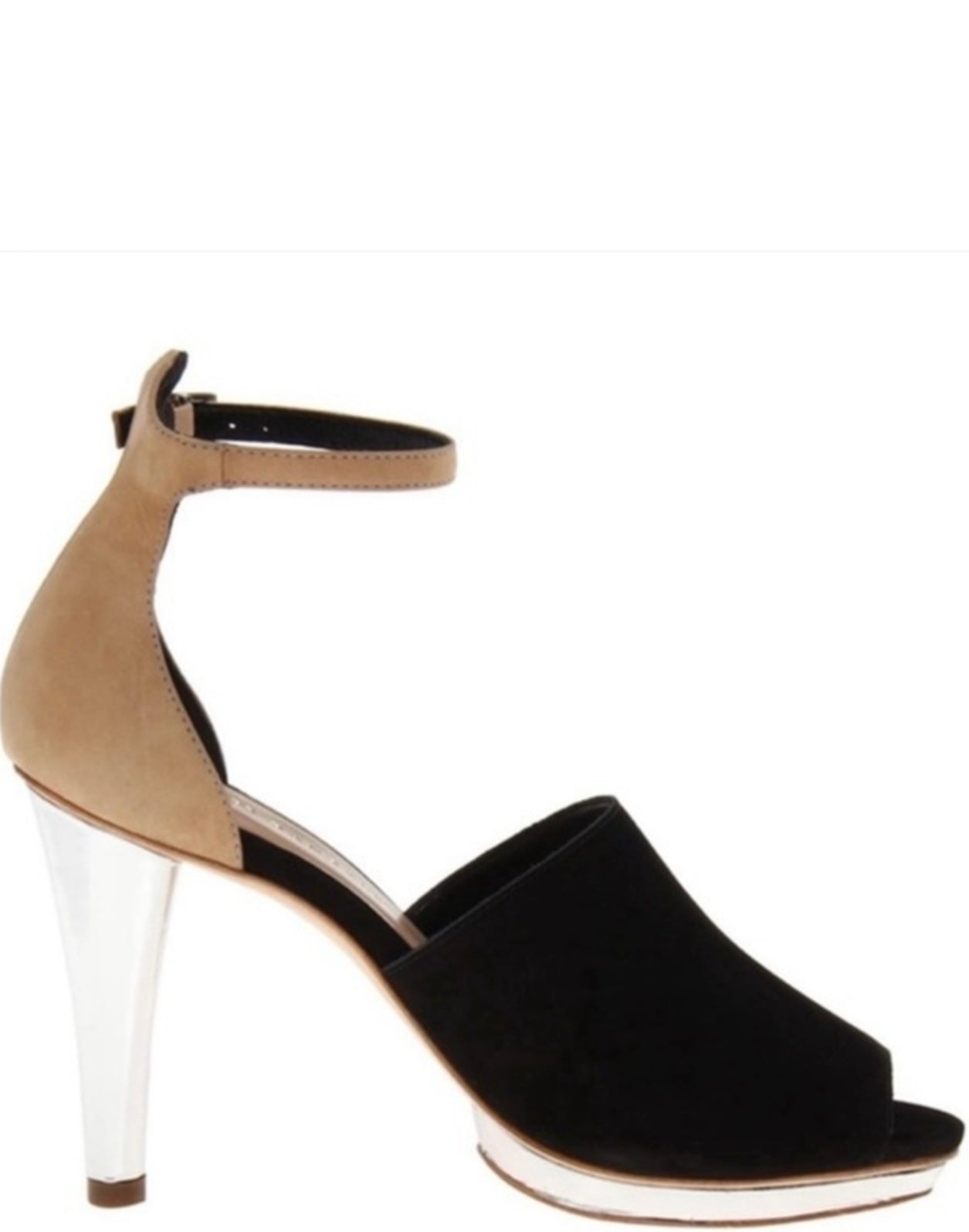 LOEFFLER RANDALL black suede with tan ankle strap and silver heel