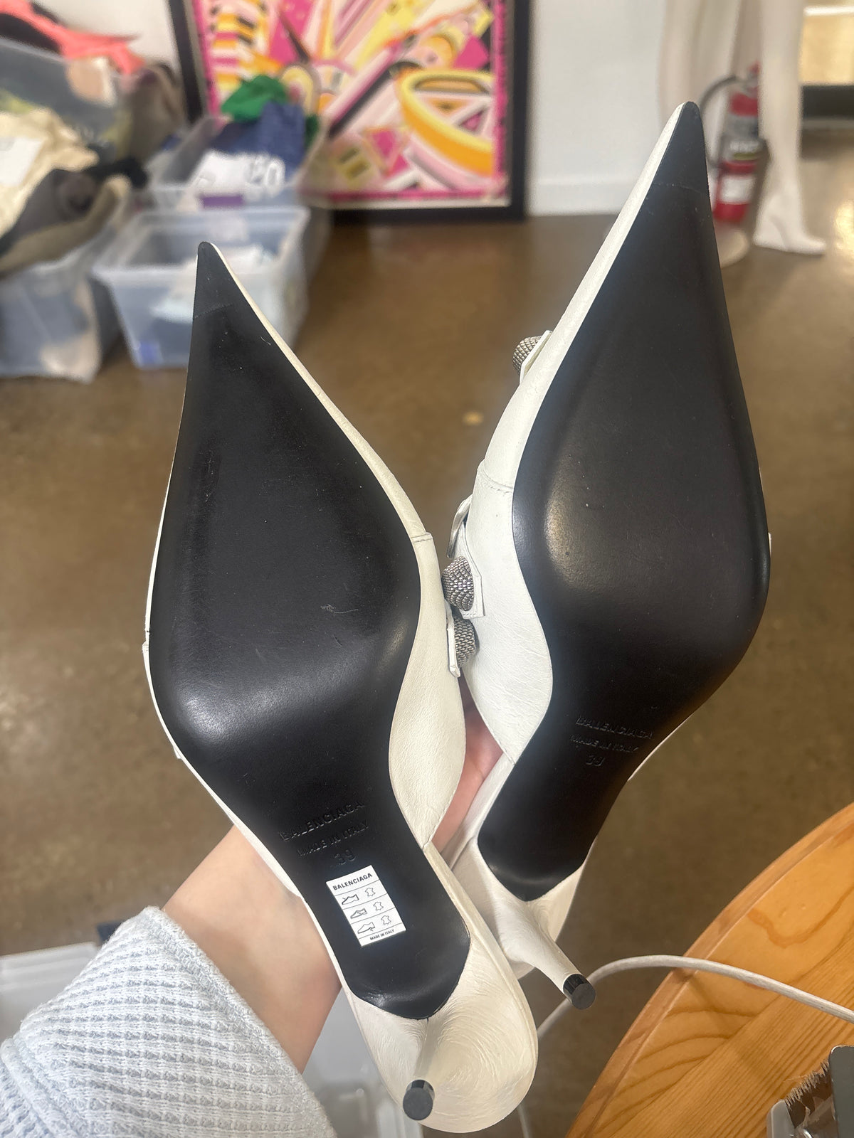 Balenciaga White Studed Pointed Toe Leather Mules