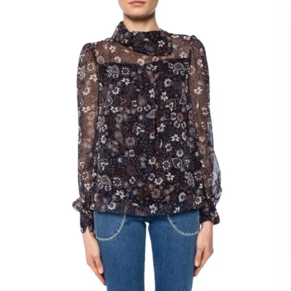 SEE BY CHLOE sheer blue floral pattern blouse, turtleneck with buttons on shoulder