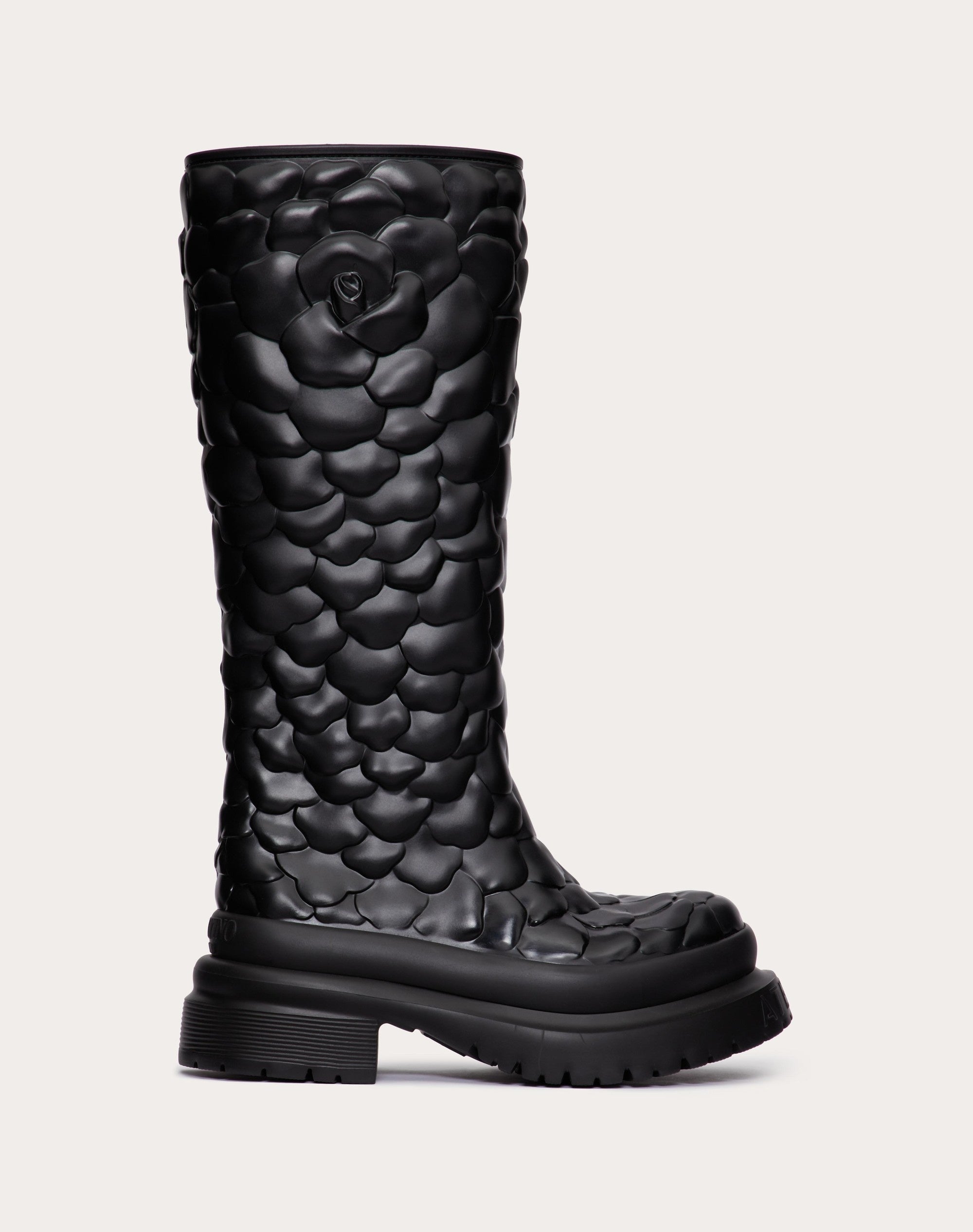 VALENTINO rose tall black rubber boots