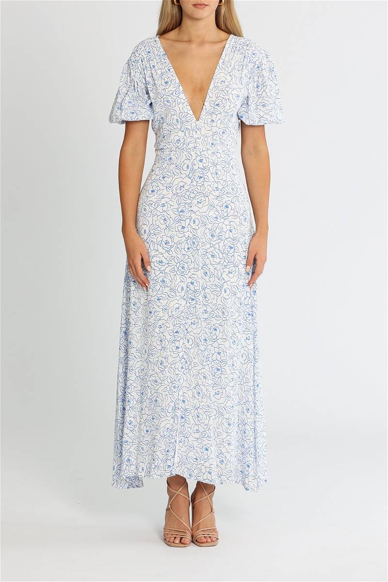 FAITHFULL THE BRAND white with blue print maxi dress, bellavista midi dress NWT