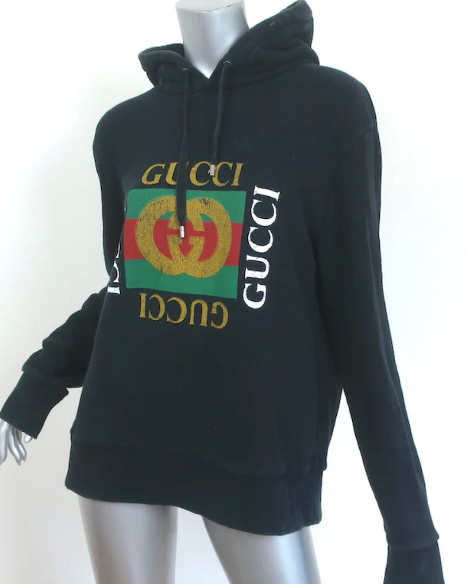 PRELOVED GUCCI LOGO HOODIE SWEATSHIRT BLACK SIZE M OVERSIZE PULLOVER