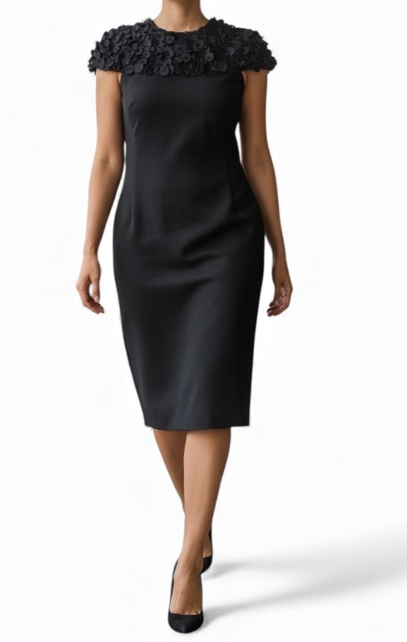 AKRIS black sleeveless dress with black 'floral' appliques and beading