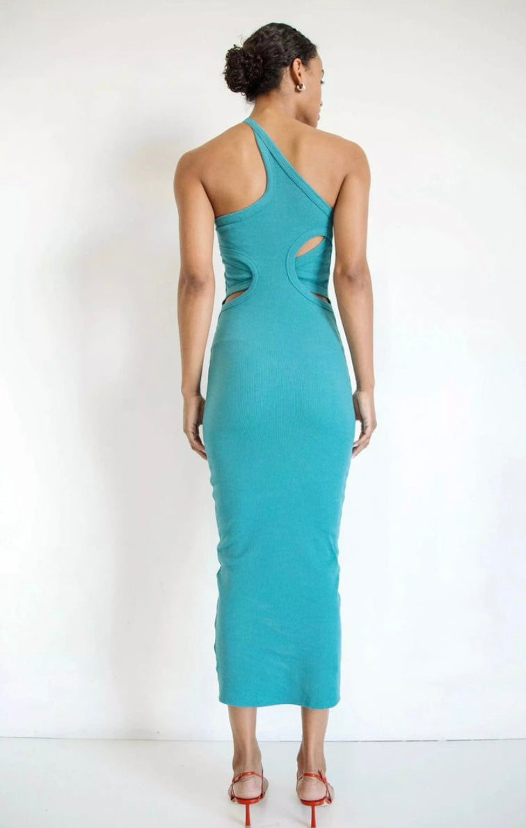 The Line by K Gael One Shoulder Ribbed Knit Ozone Blue Maxi Dress Cut Out Back
