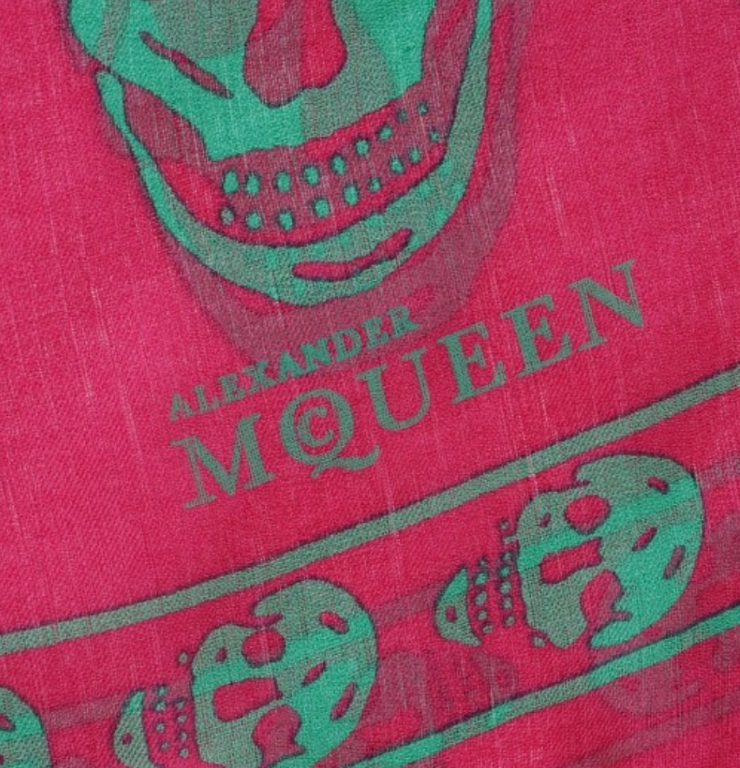 ALEXANDER MCQUEEN 
Silk Chiffon Skull Scarf Pink Green