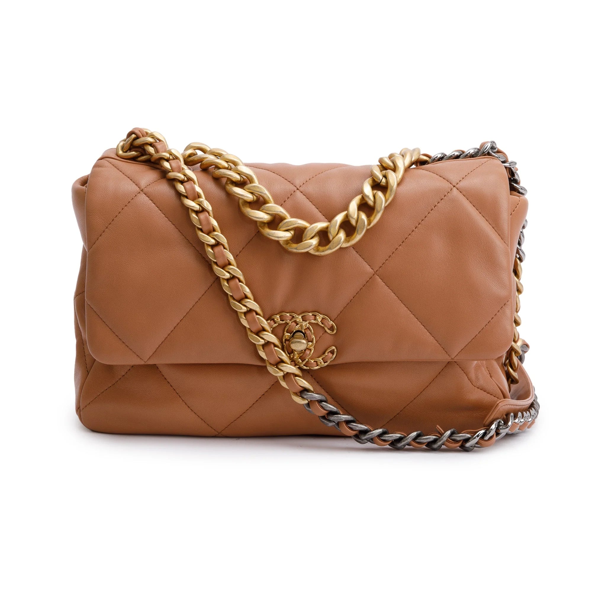 CHANEL camel brown lambskin leather 19 two tone metal bag
