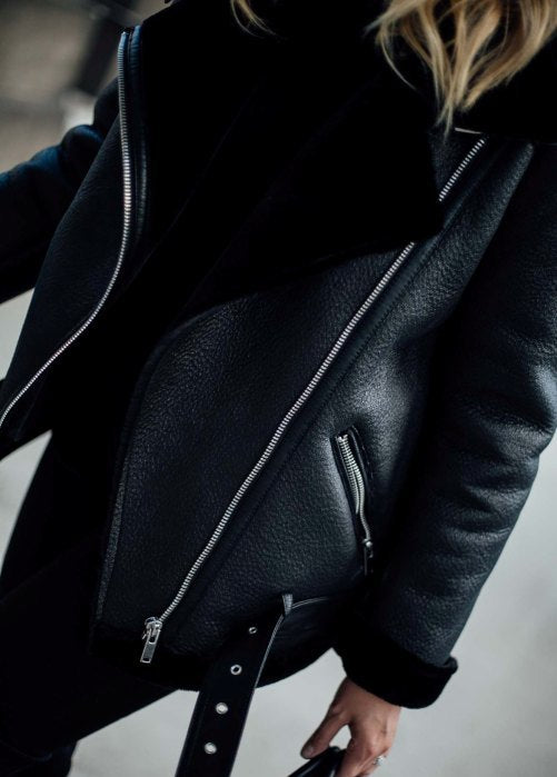 ZARA black leather jacket with fur interior