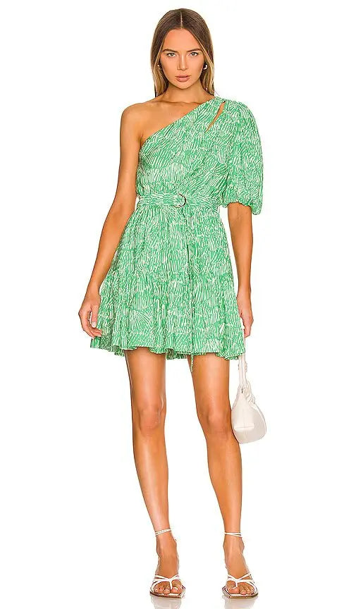 JONATHAN SIMKHAI GREEN & WHITE ONE SHOULDER BELTED MINI DRESS