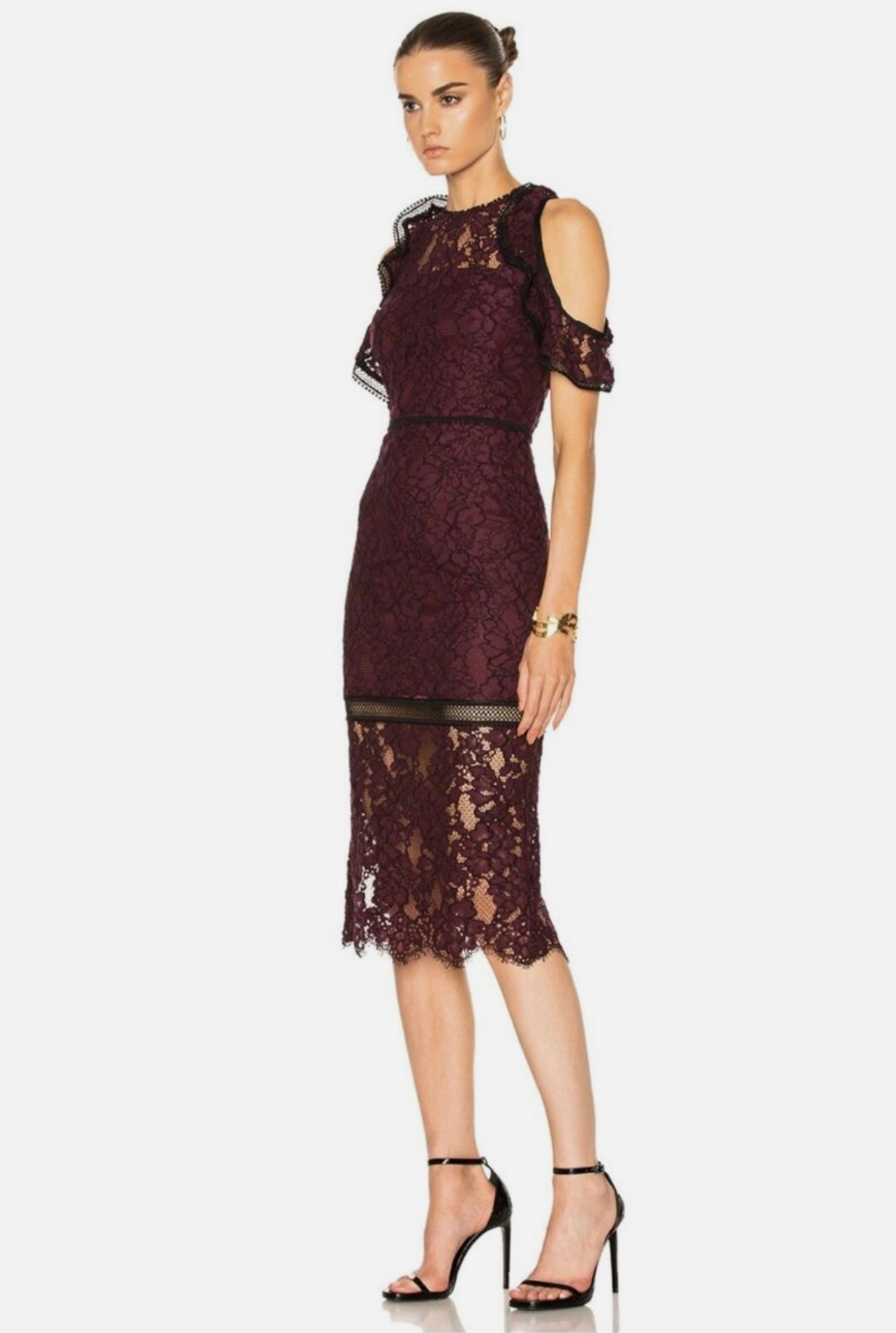 Alexis Evie burgundy cold shoulder lace midi sheath dress