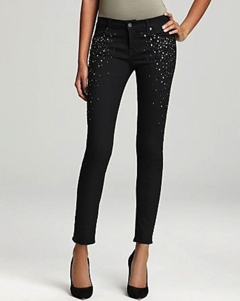 7 FOR ALL MANKIND black skinny jeans with black and silver jewels on thighs